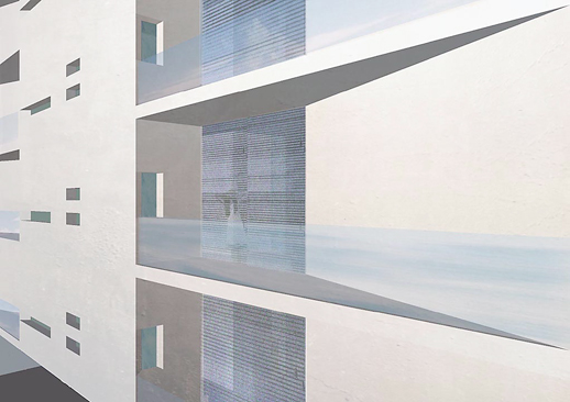 apartment building 50-50, perspective detail of facade